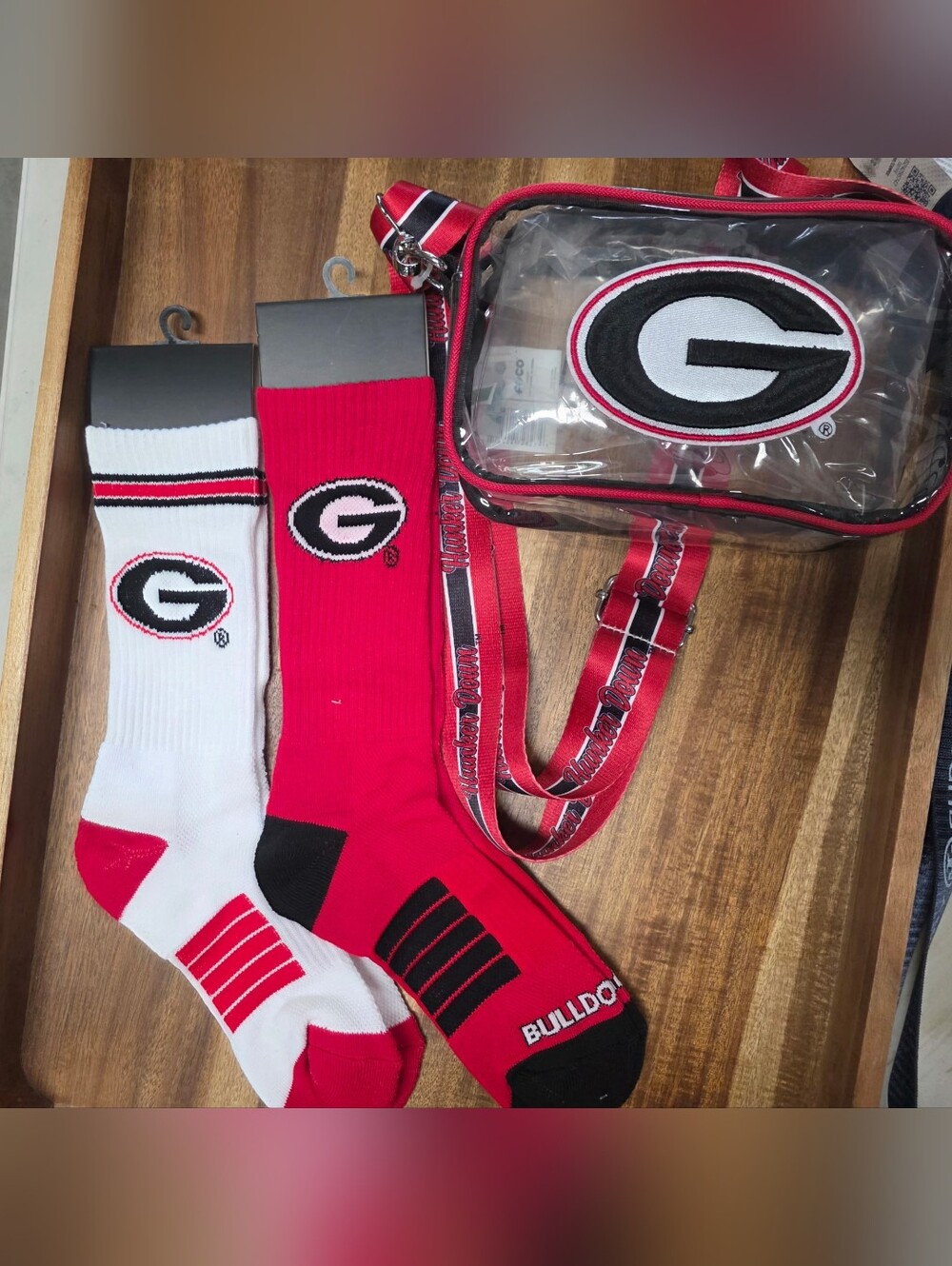 University of Georgia Bulldogs Red Crew Socks And Clear Tote Bag  - Team Logo